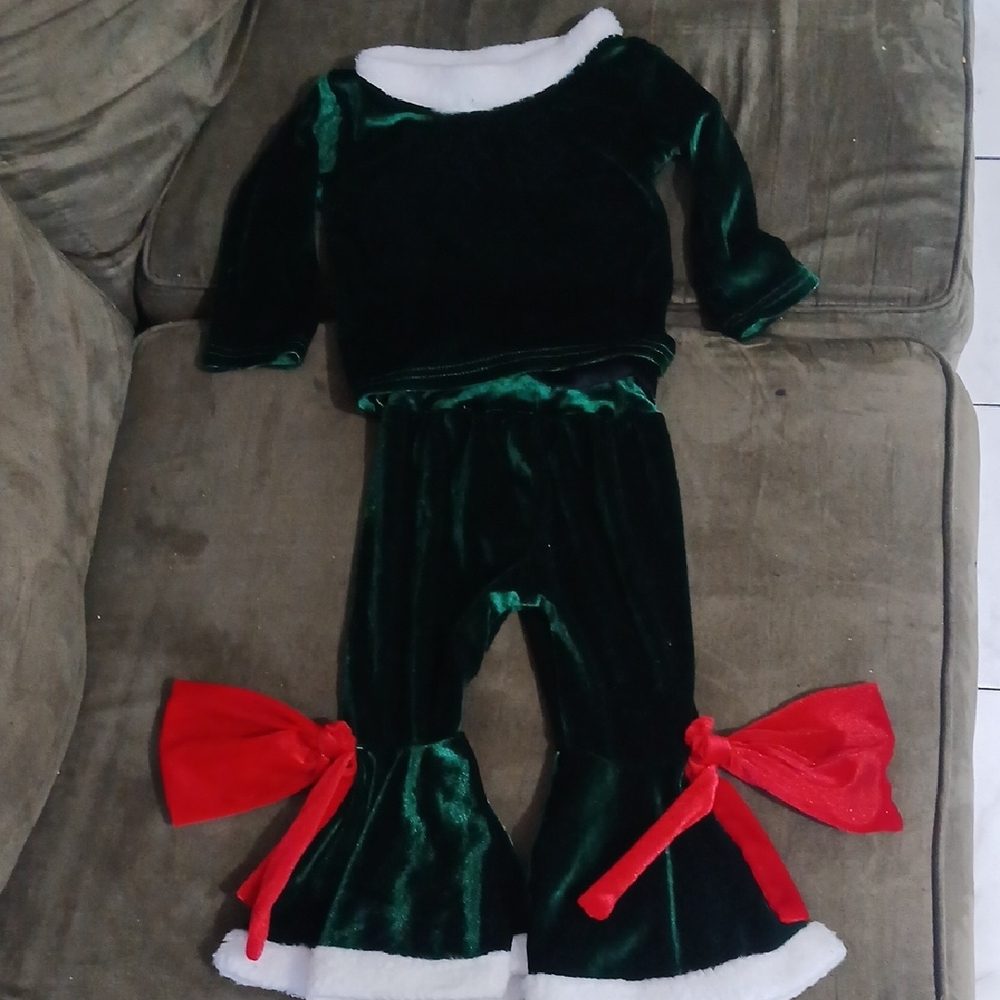 Dark Green Velvet Holiday Kids Costume with Red Bows